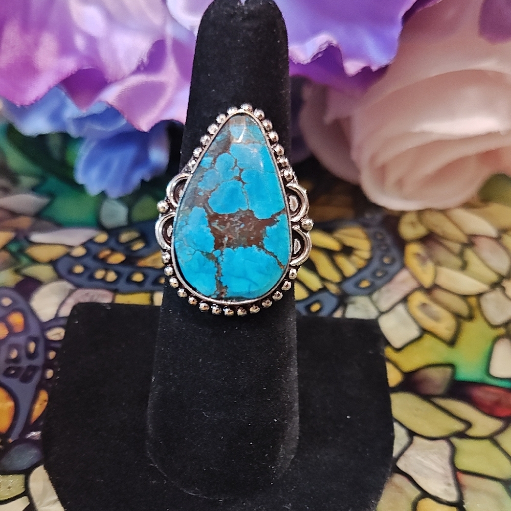Howlite Teardrop Silver Plated Ring - Size 7 1/2
